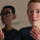 A digital Mark Zuckerberg stands near other avatars in a beige-colored room.